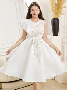 Elegant Satin Luxurious Embroidered Flared Princess Dress, Suitable For Parties And Gatherings, Teenage Girls - White - View 6