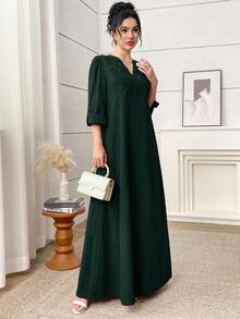 Yasmyna 女士优雅阿拉伯风格撞色蕾丝V领长袖连衣裙 - 墨綠色 - 查看 3