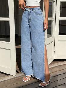 Sunnyshic Casual Washed Side Slit Straight Leg Jeans - Light Wash - View 5