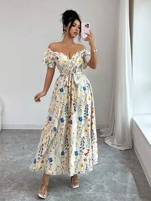 SHEIN Elenzya Damen Kleid in Standardgröße, Off-Shoulder, gerafftem rückenfreiem Design mit kleinem Blumenmuster, elegantes Midi-Kleid - Verschiedenfarbig - Übersicht 8
