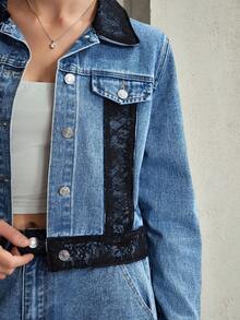 Selenza 女士时尚通勤撞色蕾丝牛仔夹克 - 藍色 - 查看 7
