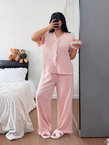 SHEIN Plus Size Pink Ribbed Jacquard Ruffle Trim Cardigan & Pants Pajama Set - Baby Pink - View 3