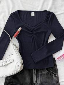 Tween Girls Lace Trim Elastic Fitted Ribbed Long Sleeve T-Shirt