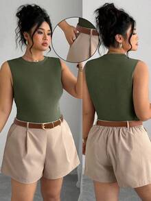 Elenzga Conjunto de 2 piezas de talla grande para mujer con top sin mangas de punto y pantalones cortos tipo A-line con cinturón, conjunto casual de 2 piezas con pantalones cortos, conjunto de 2 piezas de ropa de mujer - Multicolor - Ver 7