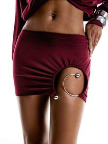 LYSMO 2026 New Arrive Minimalism Spring/Summer VALENTINE'S DAY Women's Solid Color Elastic Waist Hollow Ring Design Sexy Fashion Skirt - Burgundy - View 3