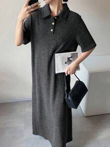 FRIFUL 女士纽扣前开襟休闲短袖连衣裙 - 灰色 - 查看 3