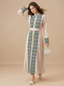 SHEIN Najma 女士优雅复古印花阿拉伯风格连衣裙 - 卡其色 - 查看 5
