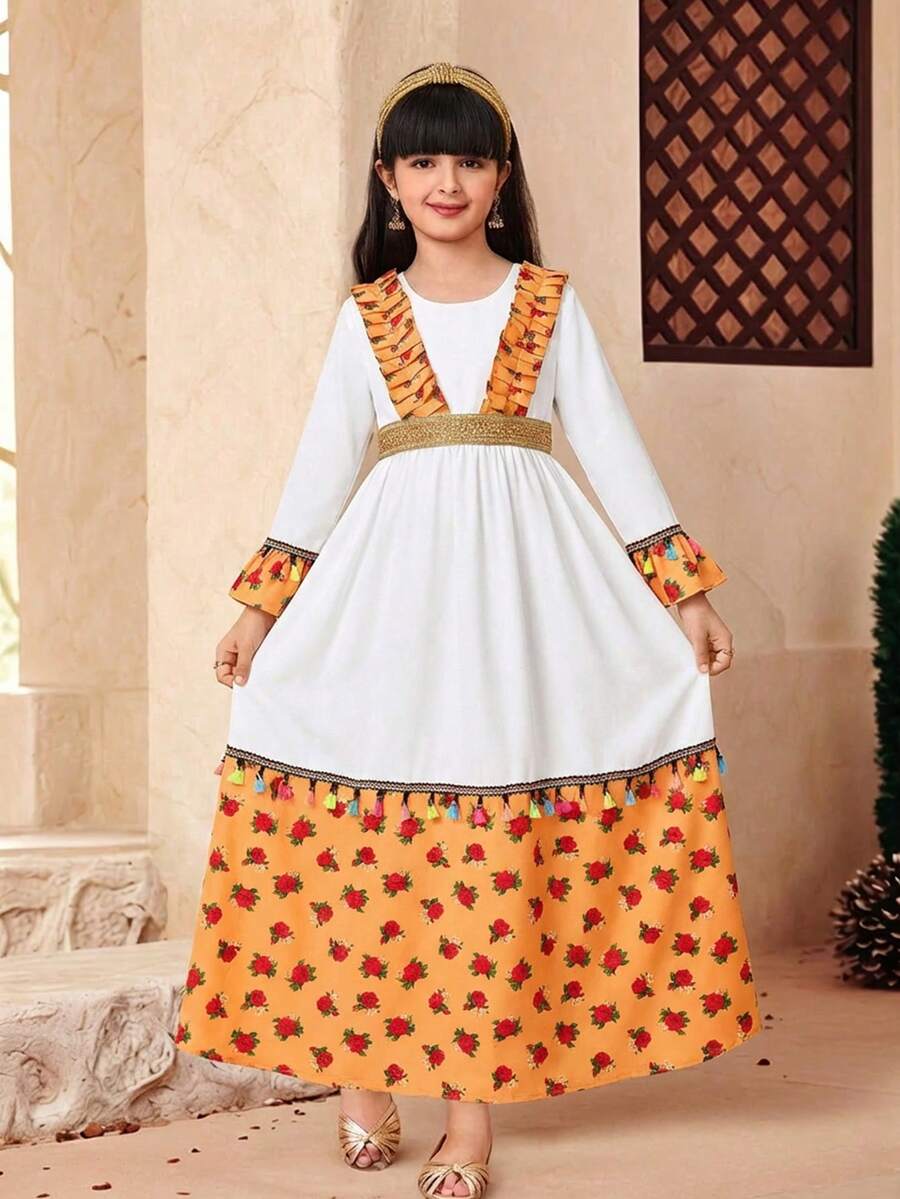 SHEIN Tween Girl Round Neck Patchwork Yellow Chiffon Rose Waist A-Line Dress, Yellow Chiffon Rose Ruffle Sleeve Cuffs, Spring/Summer - Yellow - View 1