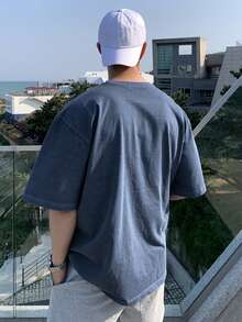 DAZY Men's Letter Print Crew Neck T-Shirt, Navy Blue, Summer - Blue - View 2