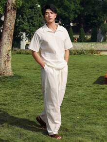 DAZY Men's Solid White Pleated Fabric Polo Shirt Set, Spring/Summer - White - View 3