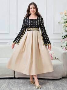 SHEIN 优雅迷人的黑金拼接方领披肩袖收腰连衣裙，阿拉伯长袍，端庄典雅 - 黑色 - 查看 7