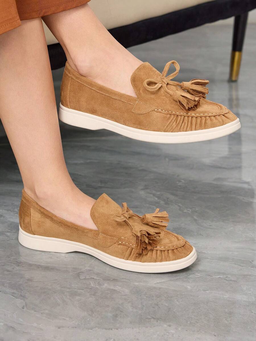 Sleekvia 女士休闲舒适平底乐福鞋，适合日常穿着 - 卡其色 - 查看 1