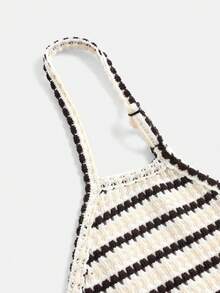 Vestido casual de vacaciones con estampado de rayas, escote halter y dobladillo con flecos para niña preadolescente - Blanco y Negro - Ver 6