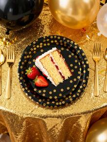 10/20/50pcs 7" Black Gold-Dotted Paper Plates - Premium Disposable Tableware For Parties, Weddings & Fine Dining (Bleach-Free Pulp) - Gold Dot Black - View 2