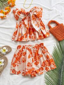 Soleia Conjunto de 2 piezas de top bandeau con nudo delantero y shorts con estampado floral para vacaciones - Multicolor - Ver 5