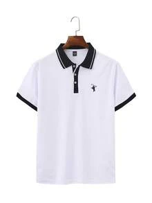 Manfinity Mode 男士撞色滚边纽扣刺绣休闲百搭短袖Polo衫 - 白色 - 查看 3