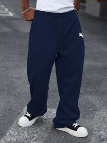 Manfinity EMRG 男士纯色抽绳腰带口袋休闲宽松运动裤，宽松灰色运动裤，适合返校季穿着 - 藏蓝色 - 查看 5