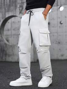 SLATEMANN Men's Casual Solid Color Flap Pocket Drawstring Waist Pants - Light Grey - View 5