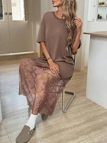 SHEIN LUNE Áo thun cổ tròn màu trơn tay ngắn dáng rộng và váy ren, thời trang cho các buổi đi chơi và đi làm, phong cách thường ngày. - màu nâu - Xem 6