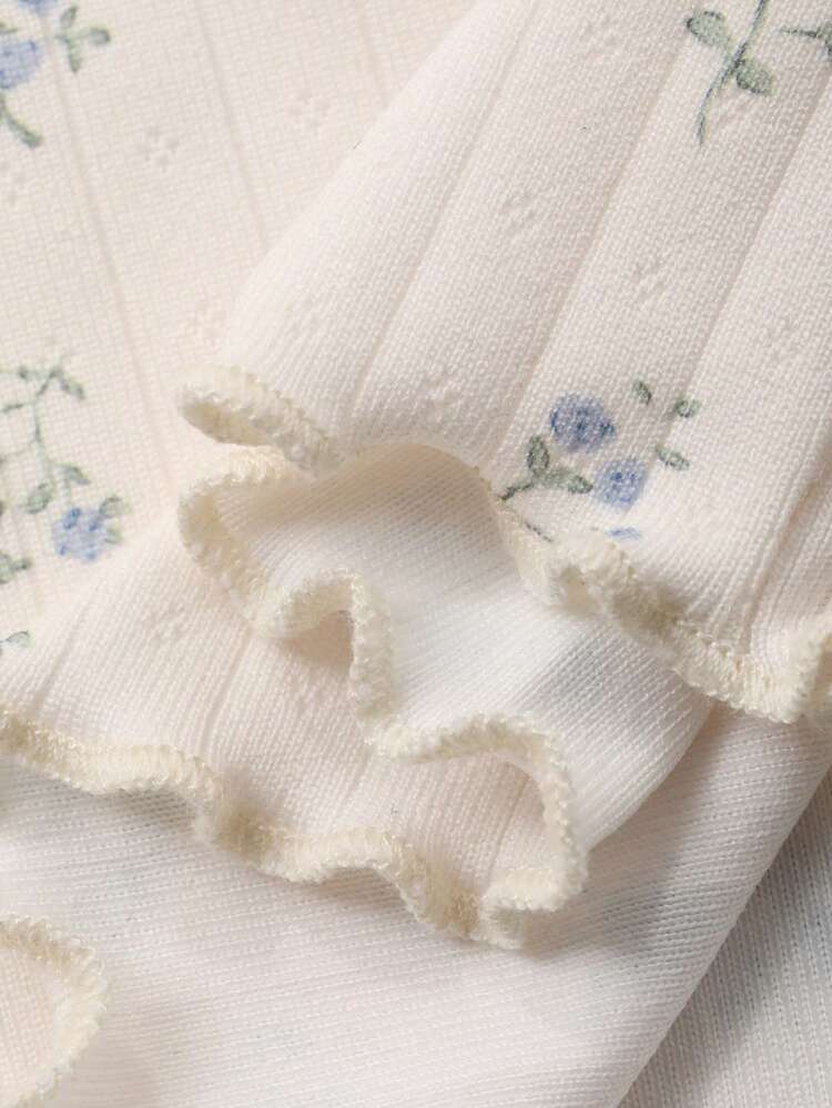 Young Girl Floral Print Lace-Up Collar Casual Everyday Short Sleeve T-Shirt Summer