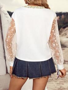 LanaWest Western Style Floral Lace Patchwork Contrast Color V-Neck Long Sleeve Versatile Women Sweatshirt - White - View 2