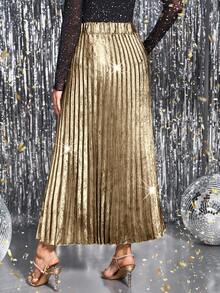 SHEIN Clasi Women's Pleated Skirt, Coated Shiny Gold Fabric, Elegant For Daily Wear, Festivals, Parties, Waist Cinching, Slimming, Long Skirt, Autumn/Winter - Champagne - View 2