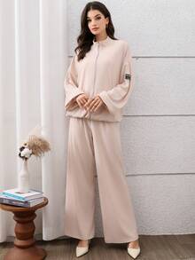 Graceveil Top à manches longues avec design de patch à fermeture éclair abricot + pantalon à taille élastique, ensemble de tenue élégante de style arabe pour femmes - Nude - Voir 5