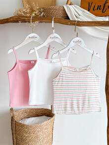 Vintaside Kids 3pcs/Set Older Tween Girl' Summer New Solid Color Slim Fit Ribbed Camisole - Multicolor - View 4