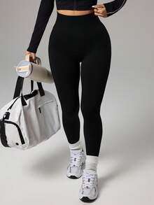 Dewbera Pantalones de yoga con control de abdomen y cintura alta sin costuras para mujer - Negro - Ver 2