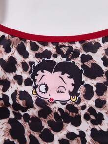 Betty Boop x SHEIN Bộ đồ lót nữ dáng dài, họa tiết da báo hoạt hình, viền tương phản, gồm áo ngực và quần lọt khe. - Đỏ - Xem 3