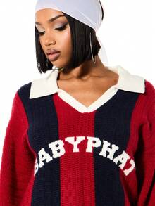 BABYPHAT Áo len polo dáng rộng, dày dặn, cổ trắng và chữ in, thích hợp mặc nhiều lớp vào mùa thu đông. Áo len dáng rộng có cổ, áo len nữ màu đỏ và xanh navy, áo len đỏ. - Nhiều màu - Xem 6
