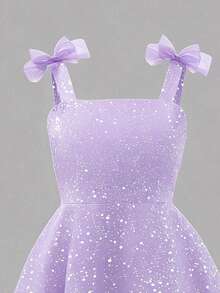 优雅少女蝴蝶结装饰A字荷叶边网纱吊带裙，适合晚宴和宴会穿着 - 紫色 - 查看 5