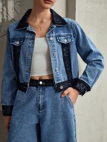 Selenza 女士时尚通勤撞色蕾丝牛仔夹克 - 藍色 - 查看 5