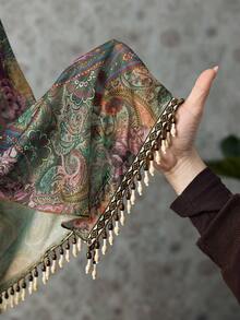 ROMWE Cardigan lungo bohémien oversize in stile retrò hippie con stampa paisley, frange e perline di legno trasparenti, adatto per festival musicali - Multicolore - Visualizzare 5