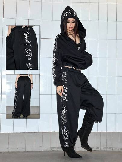 ROMWE Avant Street Style Letter Embroidered Loose Low-Waist Sweatpants For Women