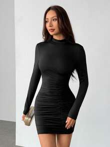 SHEIN PETITE 纯色露背侧褶皱修身连衣裙 - 黑色 - 查看 6