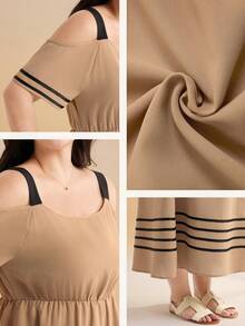 Momelise Plus Size Women's Elegant Summer Dress,Black Color Block Panel Off-Shoulder Short Sleeve,Smart Casual,Everyday Earth Tone Modest Party Long Dress - Khaki - View 2