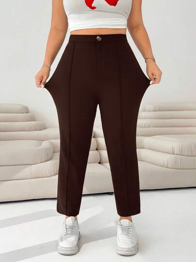 Solflare Plus Size Women Solid Color Elastic Fashionable Knit 3/4 Leggings High Waisted Pants