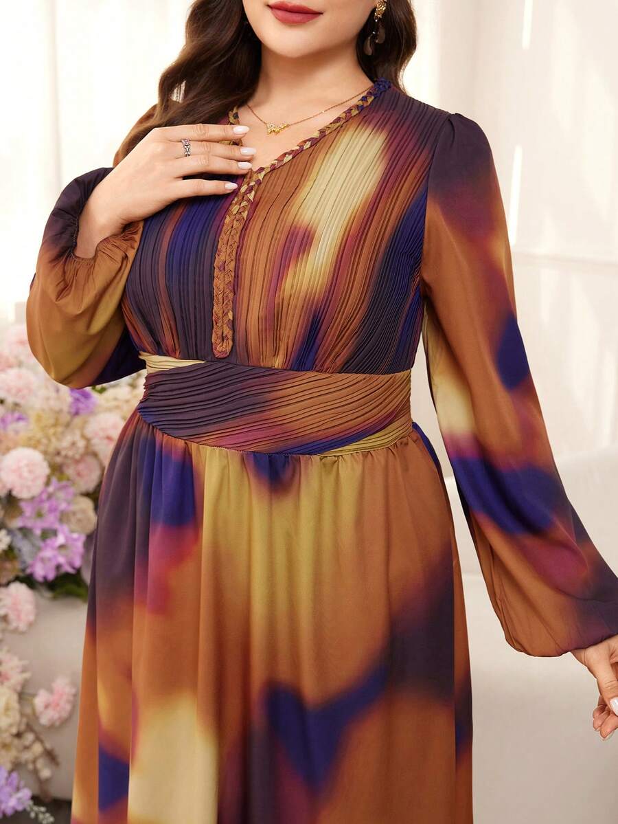 Modelyn 大码女式V领打结扎染印花长袖优雅连衣裙