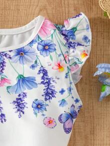 SHEIN Elladie kids 女童夏季休闲度假花卉蝴蝶印花荷叶边袖口上衣和纸袋腰带蝴蝶结装饰短裤套装 - 藍色 - 查看 7