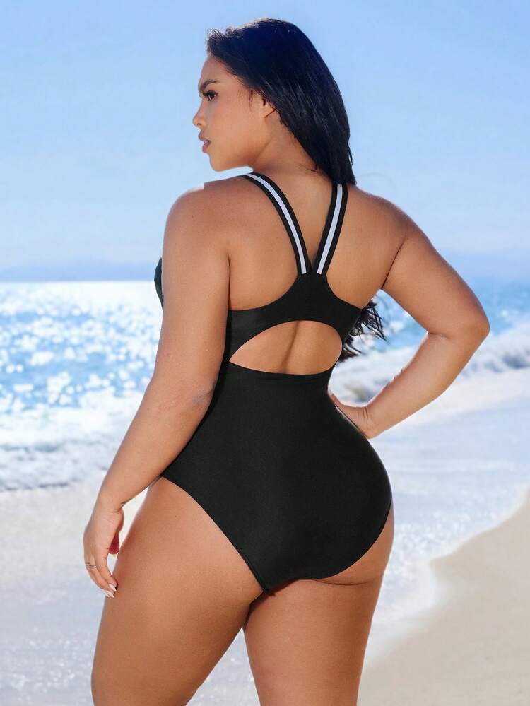 Swim SPRTY Traje de baño de una pieza de estilo deportivo de unicolor para mujer de talla grande - Negro - Añade 1