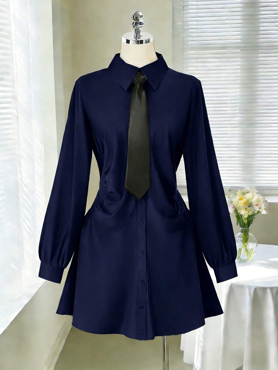 Rometta 大码优雅收腰褶皱衬衫裙 - 藏蓝色 - 查看 1