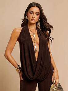 Silquee 女士时尚性感深V露背连体衣 - 棕色 - 查看 4