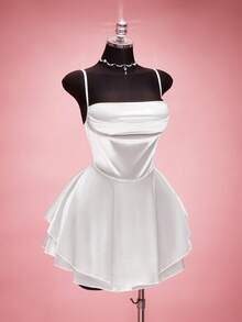 SHEIN ICON 大码舞会礼服；纯色缎面A字露背连衣裙，白色，情人节。 - 白色 - 查看 8