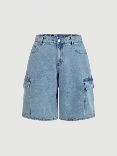 Sweetra Plus Size Women's Loose Straight Leg Capri Jeans, Vintage Cargo Style