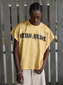 NEON BLANC Camiseta de tirantes holgada y corta para hombre - Estampado digital de inyección de tinta degradado, ropa de calle - Amarillo - Ver 3