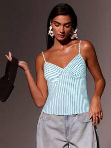 Athîral Women's Poplin Stripe Cami Top, Four Season - Baby Blue - View 4