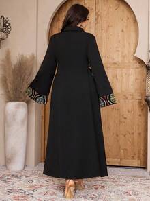 Al Najma Plus Size New Colorblock Patchwork Design Embroidery Cinched Elegant Dress - Multicolor - View 7