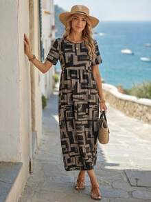 Faunlyn Geometric Print Round Neck Short Sleeve Casual Long Dress For Women, Spring/Summer - Multicolor - View 5