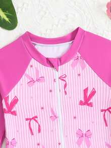 SHEIN Young Girls' One-Piece Swimsuit,Pink Stripes Butterfly Bows Star Rash Guard,Long Sleeve Zipper Swim Shirt,Quick Drying,Summer,Beach,Holiday Kids Wear - Purple - View 3
